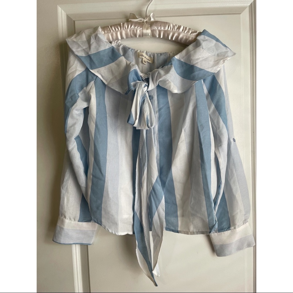 Baby blue and white tie blouse